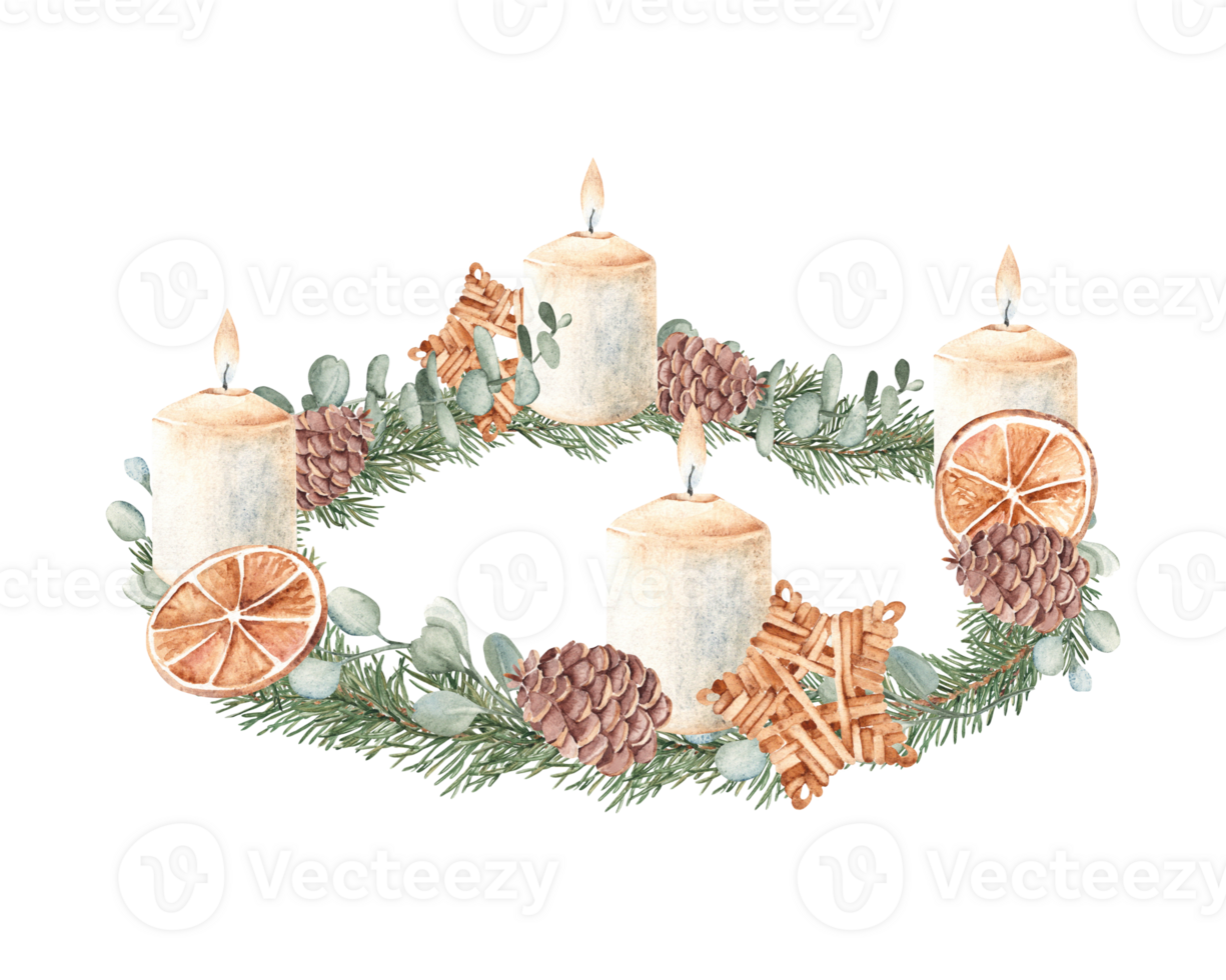 Christmas Advent Wreath with Winter plants, burning Candles and wooden Wicker star Toy. Fourth Advent. Hand drawn Illustration in rustic style. For Cards, Invitations and prints. png