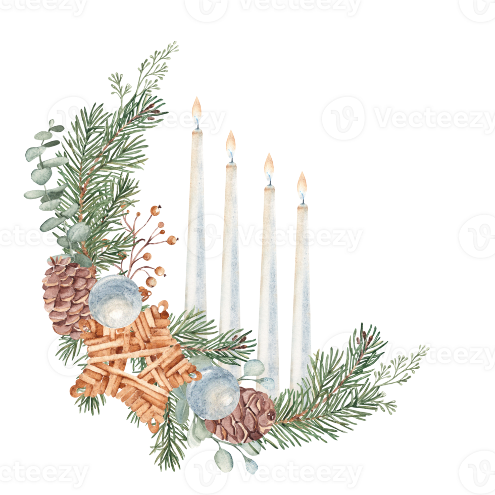 Christmas Advent Wreath with Winter plants, handmade wooden Toy and burning Candles. Fourth Advent. Hand drawn Illustration in realistic style. For Cards, Invitations and prints. png