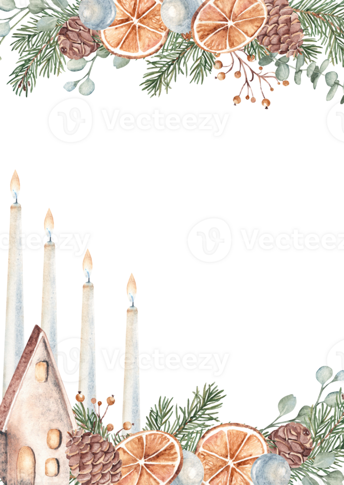 Christmas Advent square vertical Frame, Border. Card Template with Winter plants, Candles and Ceramic House, rustic Lantern. Hand drawn Botanical Illustration of Fir Branches, Eucalyptus, Pine Cone png