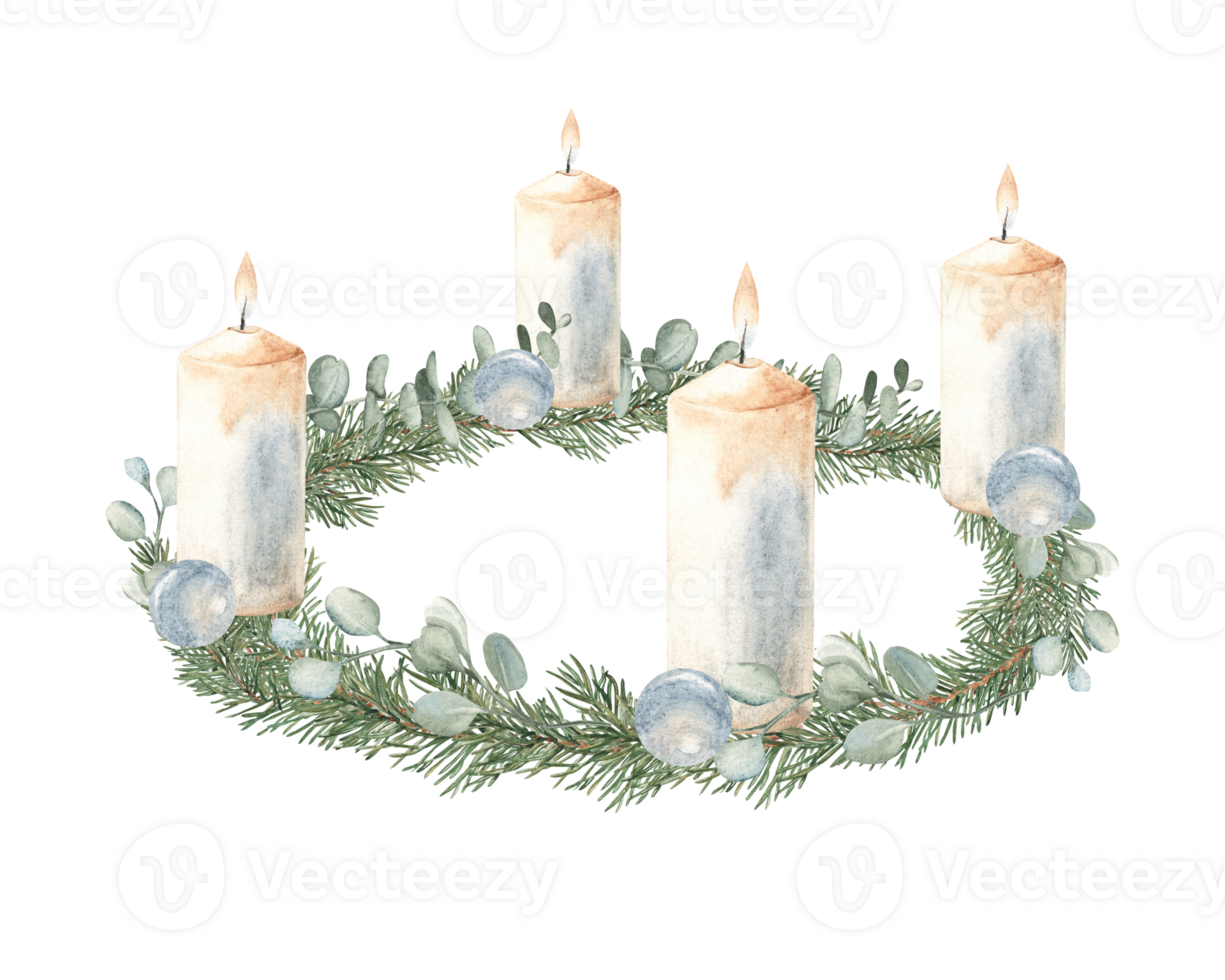 Christmas Advent Wreath with Winter plants, blue glass balls and burning Candles. Fourth Advent. Hand drawn Illustration in vintage style. For Cards, Invitations and prints. png