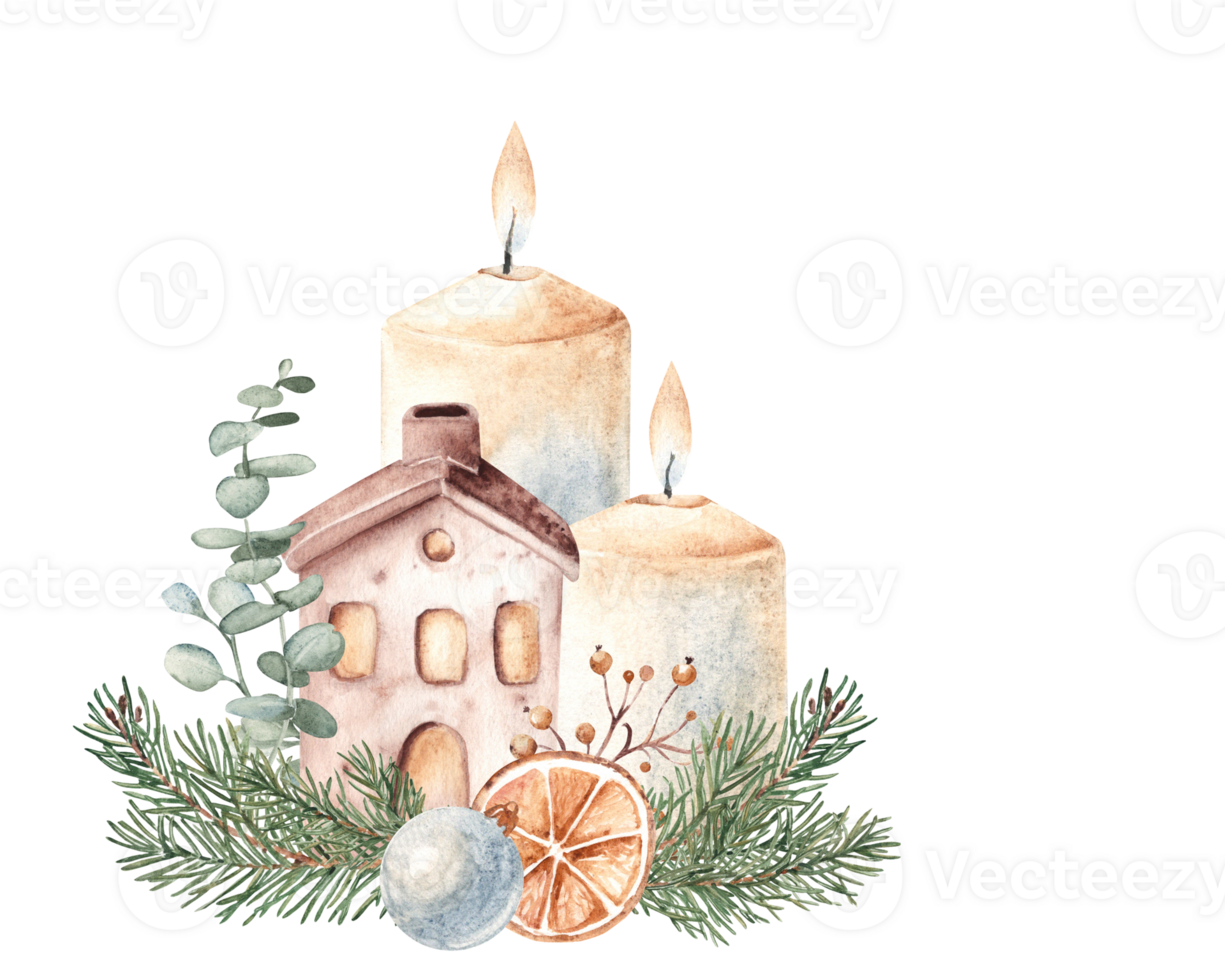 Christmas Advent Composition. Two Candles with Ceramic house in Fir Branches and eucalyptus. Orange slice and Winter berries. Cozy home decoration in Rustic style. Watercolor Hand drawn illustration png