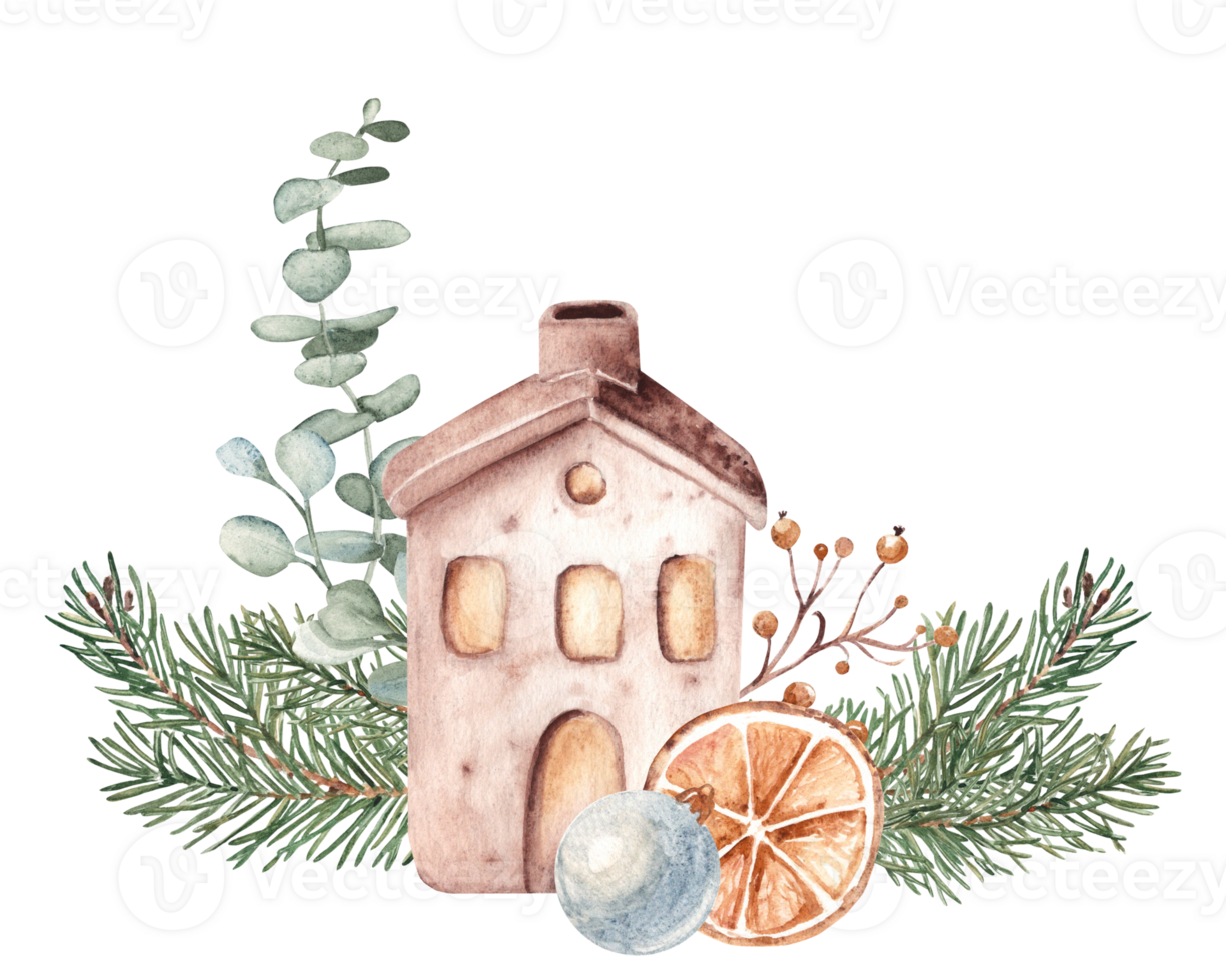 Christmas Composition with Ceramic house with Glass ball, Fir Branches and eucalyptus. Cozy home decoration in Rustic style. Watercolor Hand drawn illustration. For Christmas or Housewarming party png