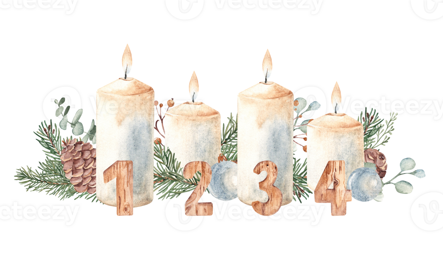 Fourth Advent, Christmas Candles Composition with Fir Branches, Pine Cones and wooden Numbers. Hand drawn Botanical illustration. For Cards and Prints. png