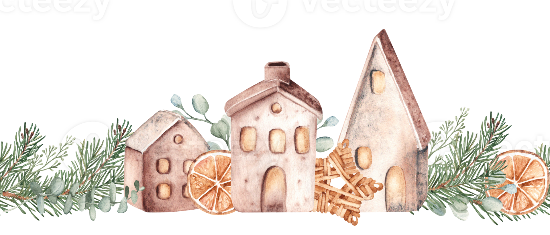 Christmas Horizontal Watercolor seamless border pattern. Ceramic houses with Fir Branches and eucalyptus. Orange slice and Wicker star. Cozy home decoration in Rustic style. Hand drawn illustration. png
