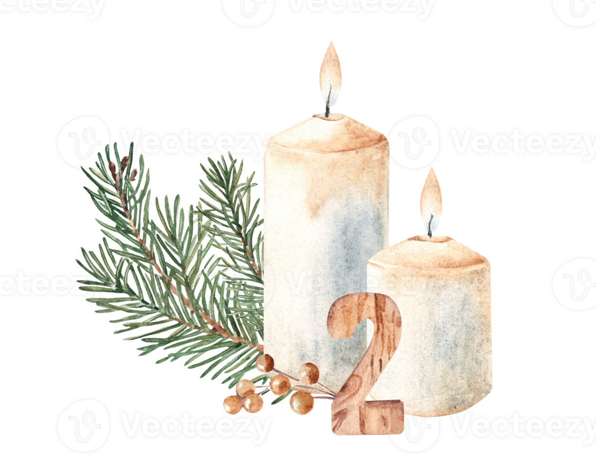 Second Advent, Christmas Candles Composition with Fir Branches, Winter Berries and wooden Number Two. Hand drawn Botanical illustration isolated on white background. For Cards and Prints. png