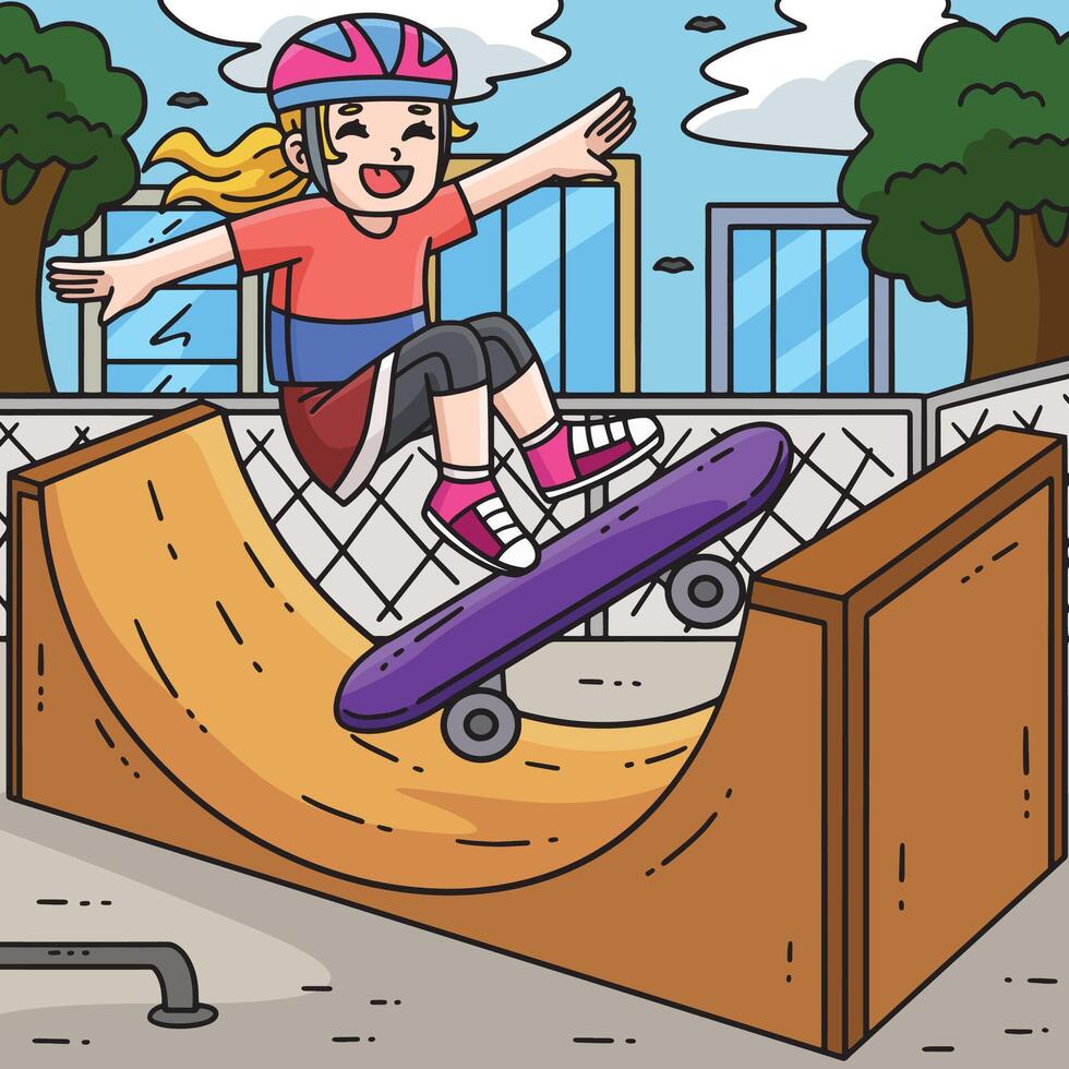 Skateboard Child on Half Pipe Colored Cartoon vector