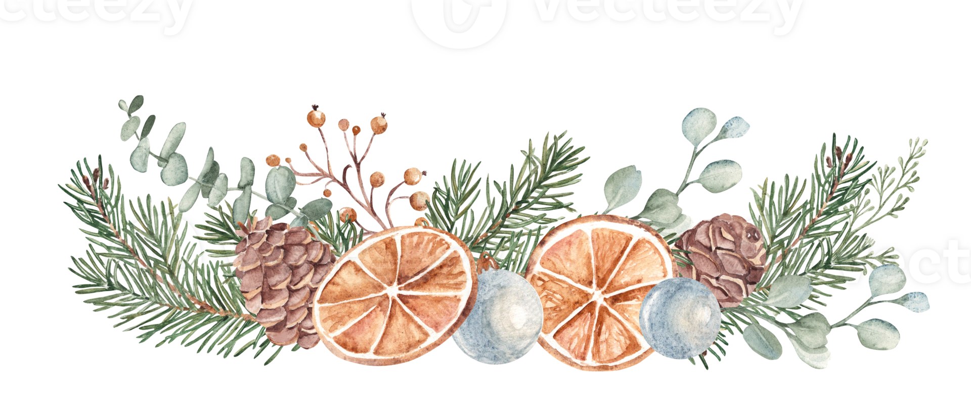 Winter plants Watercolor Garland. Christmas or New Year Composition. Fir Branches, Eucalyptus, Pine Cones and dry Orange slices with blue Glass Balls. Hand drawn Botanical illustration. png