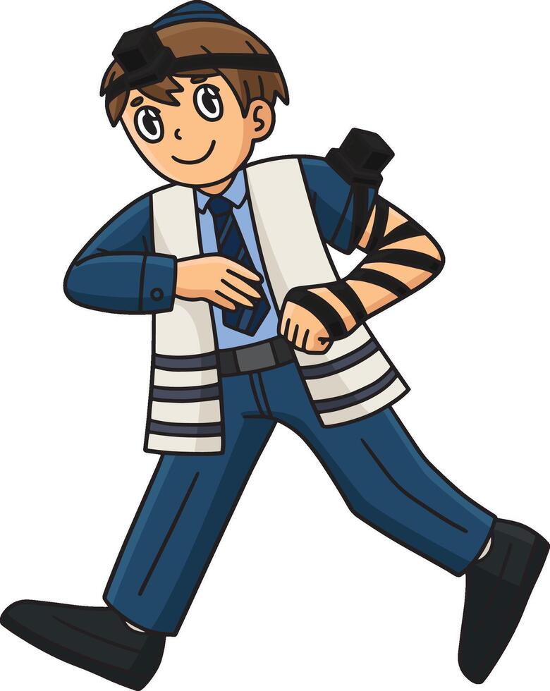 Bar Mitzvah Boy with Tefillin Cartoon Clipart vector