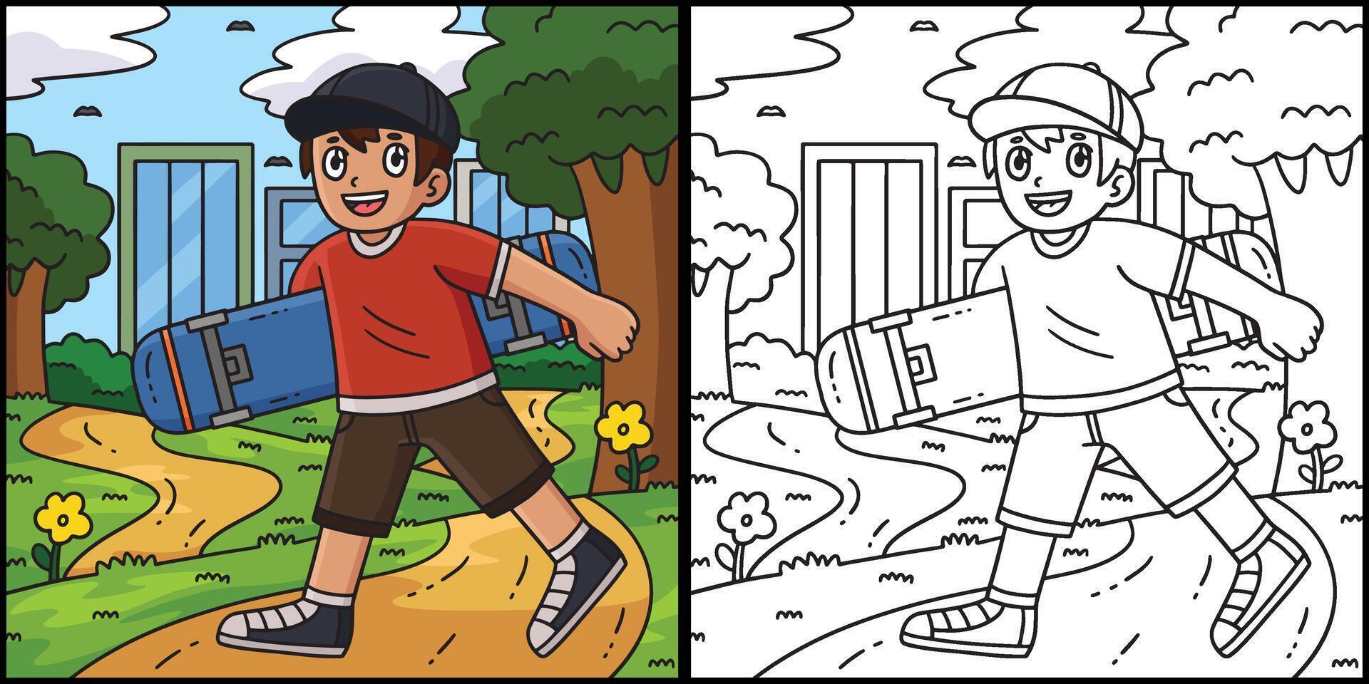 Skateboard Boy Coloring Page Colored Illustration vector