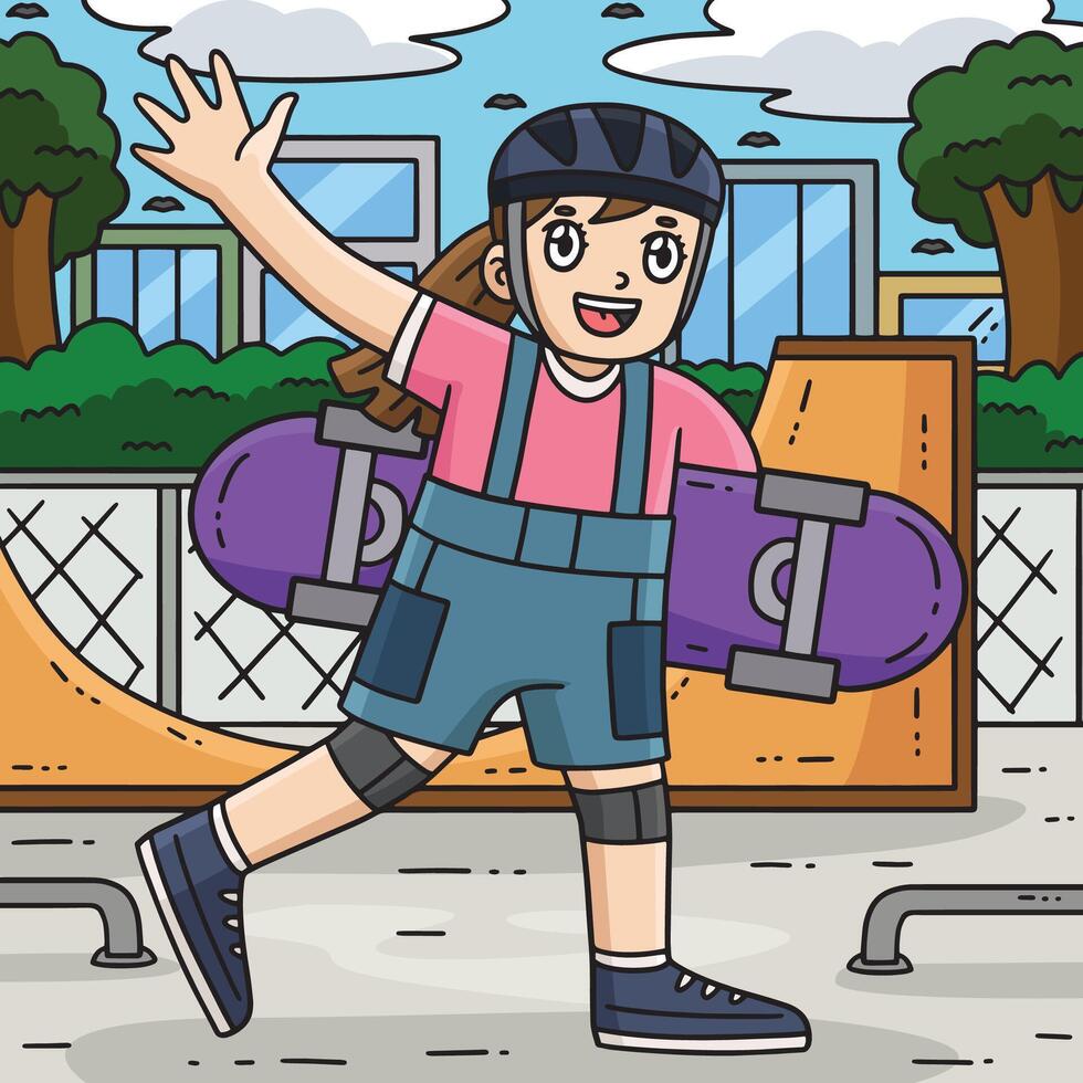 Girl Holding a Skateboard Colored Cartoon vector