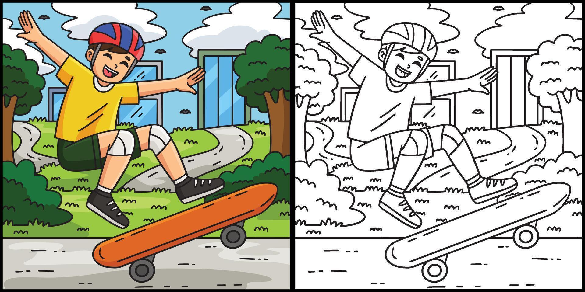 Skateboard Boy Doing Ollie Coloring Illustration vector
