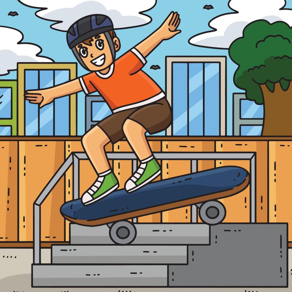 Skateboard Child Jumping Down Stairs Colored vector