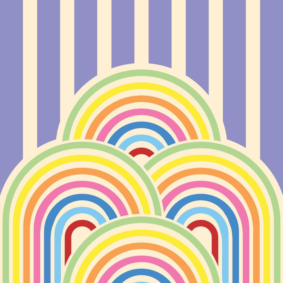A vibrant retro-inspired pattern featuring overlapping rainbow arches in pastel shades, set against a vertical striped background with soft purple and cream tones. Perfect for vintage-themed designs vector