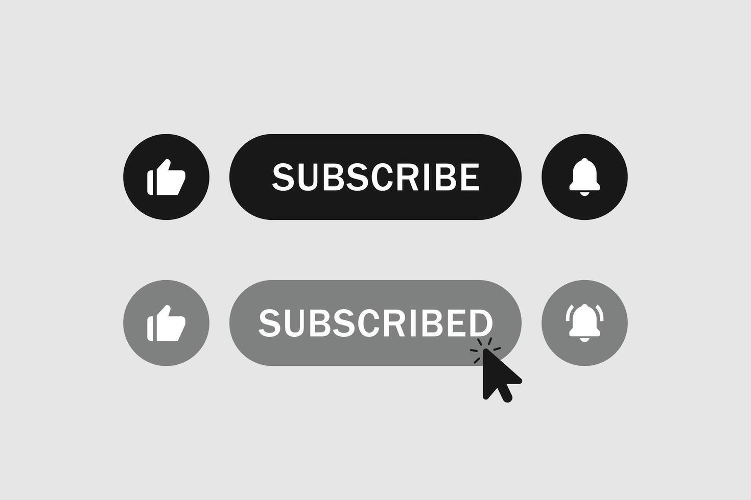 Subscribe button with like icon and notification bell icon and mouse cursor click icon vector