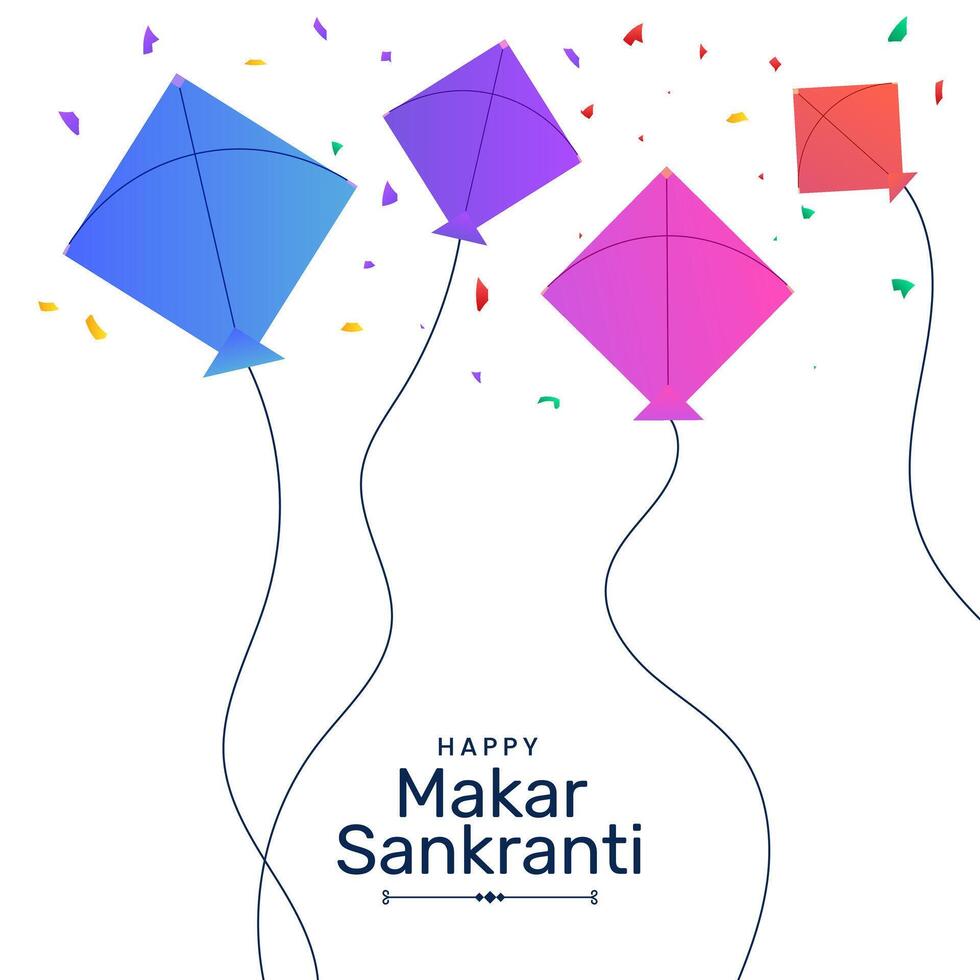 Kites flying in sky makar sankranti festival with confetti design vector