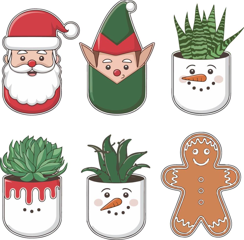 style design of four cartoonish plant pots with holiday themes. vector