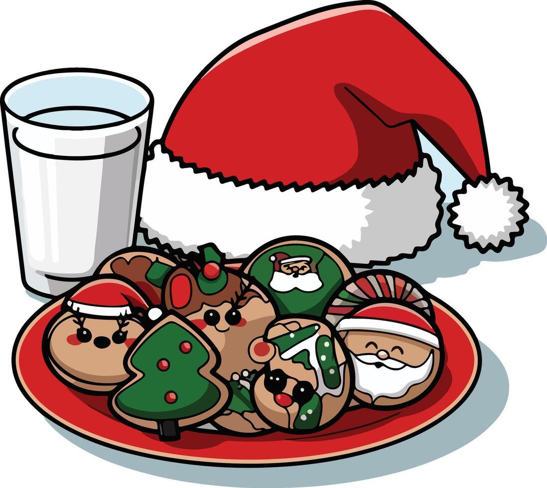 cute design of a plate with christmas cookies and a glass of milk vector