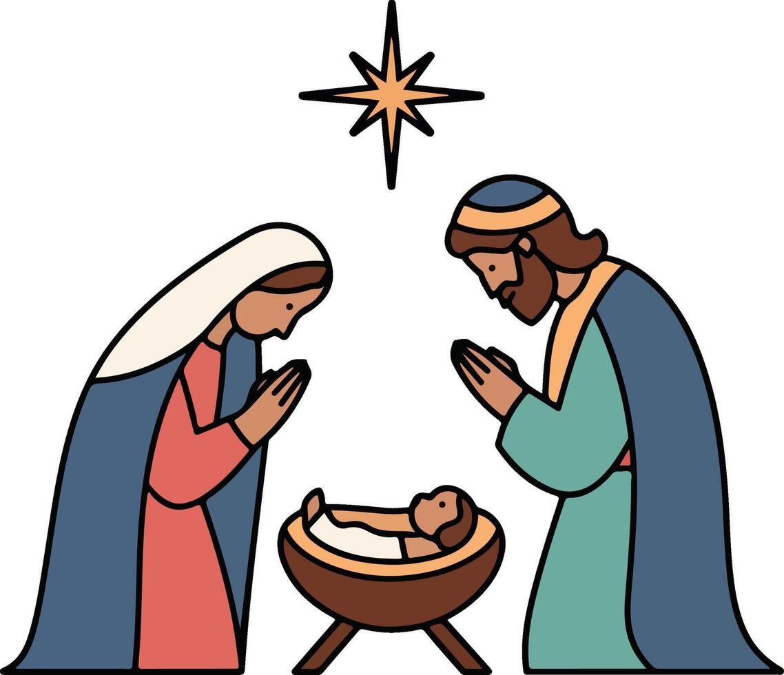 A simple lines and soft colors illustration of Mary and Joseph praying over baby vector