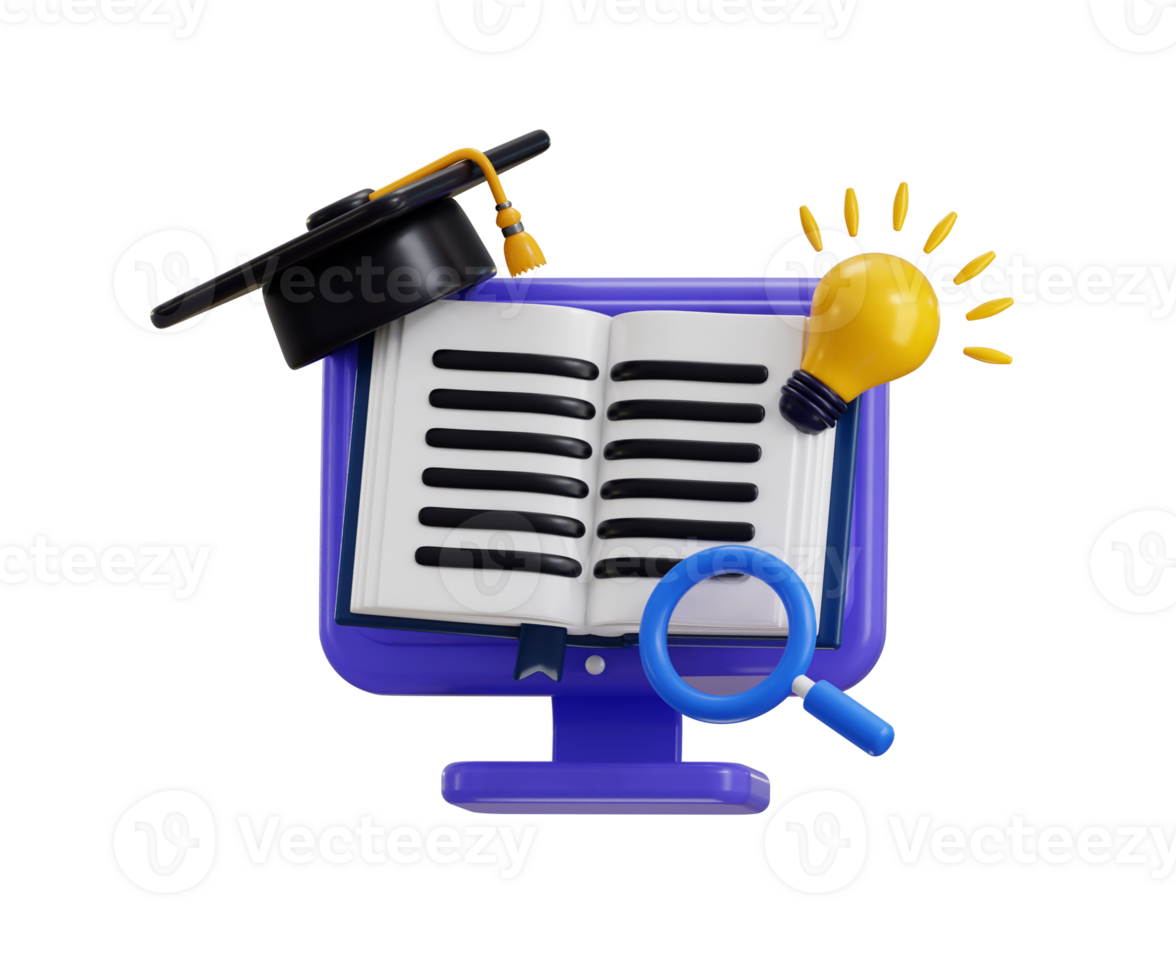 Online education icon concept in 3d realistic style with book, monitor, graduation cap and idea bulb icon 3d render png