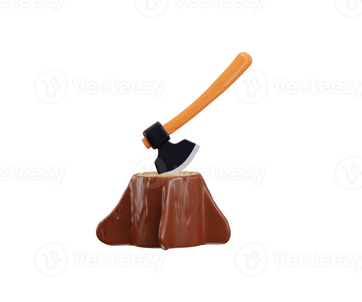 3D Axe with stump icon concept of Manual tool for chop wood. Ax steel build cut equipment icon png