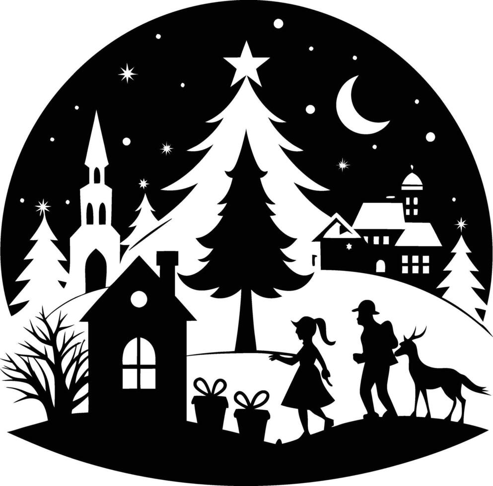 Magical Christmas Night Silhouette Scene vector
