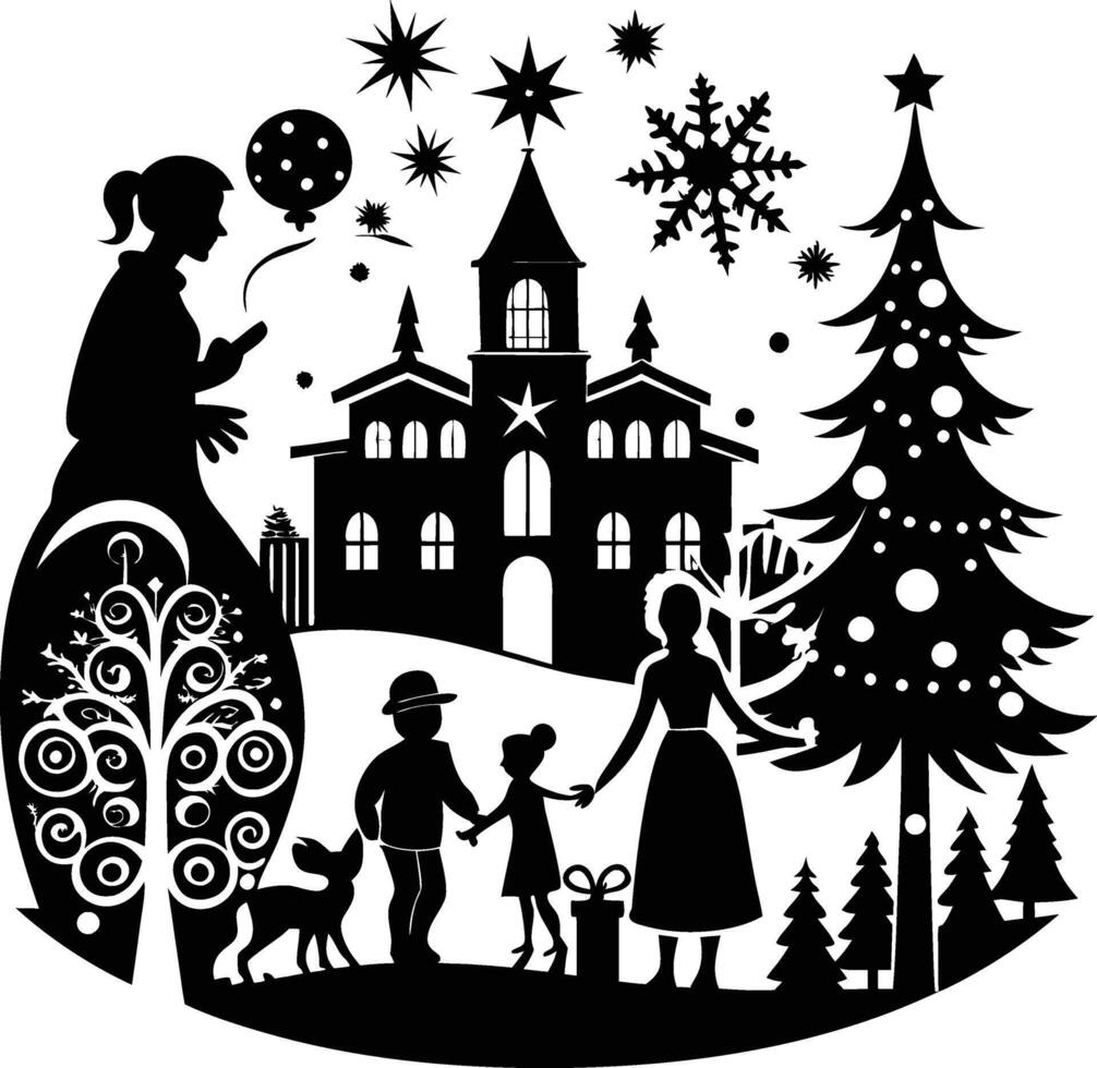 Christmas Silhouette with Tree and Presents vector