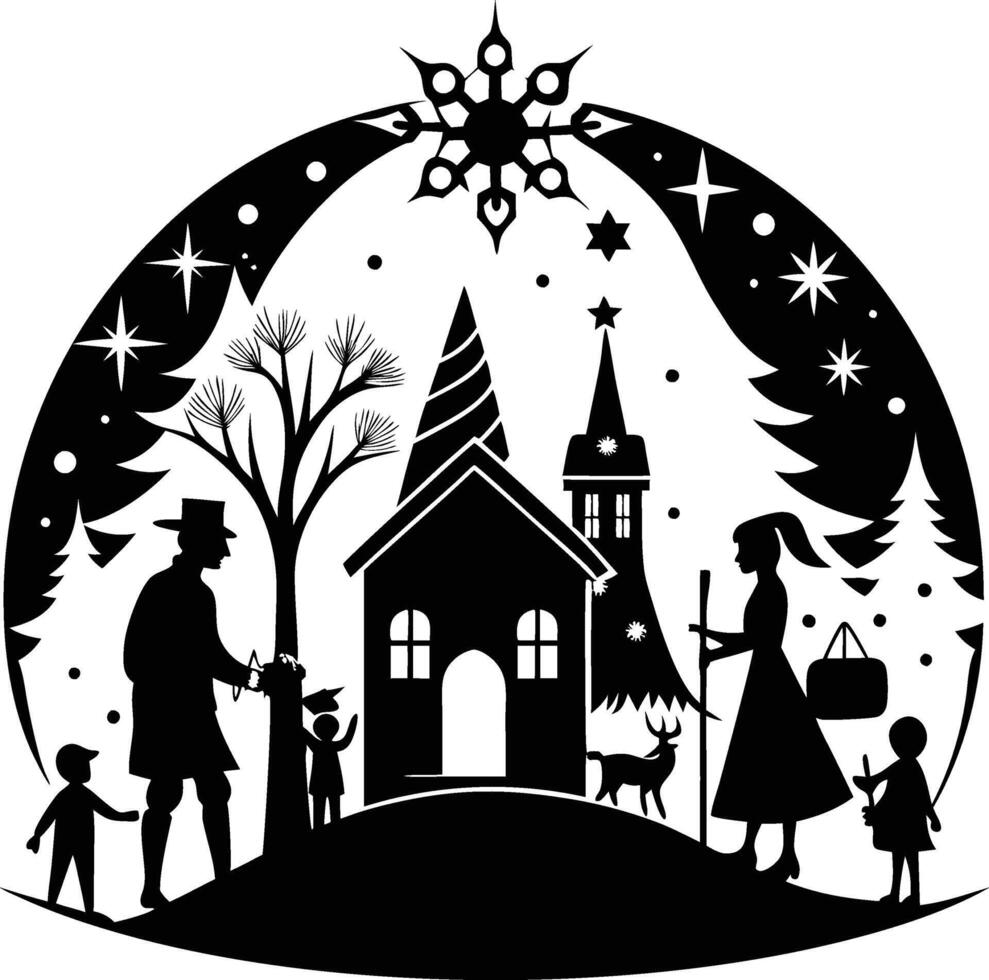 Christmas Silhouette in a Starry Night vector