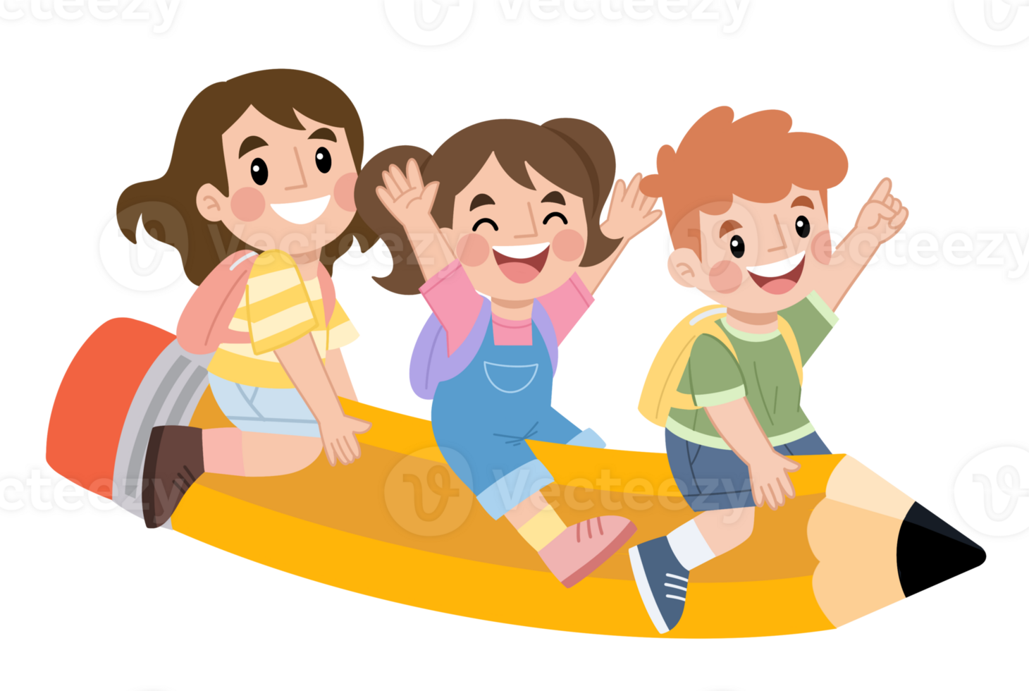 Illustration of a child riding a big pencil png