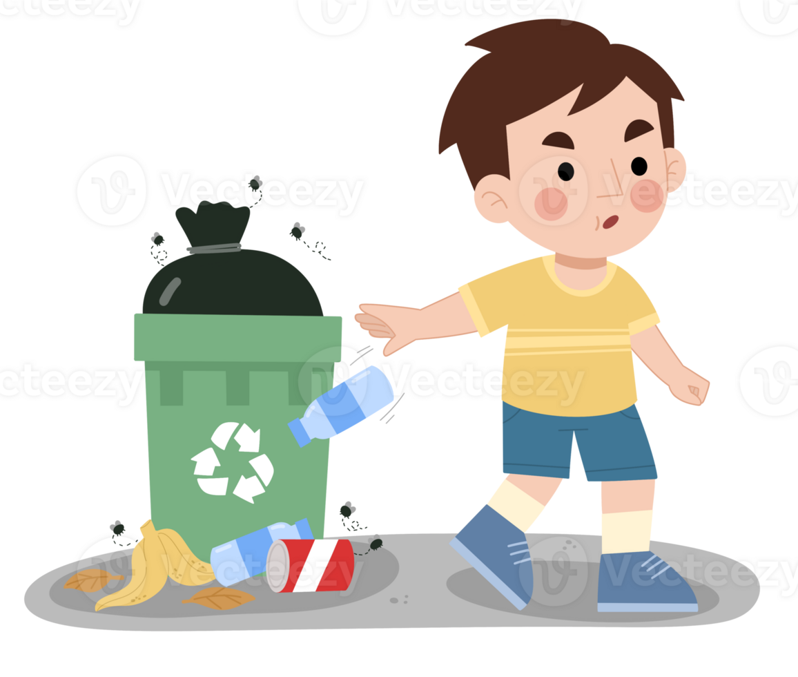 Illustration of a little boy throwing garbage out of place png