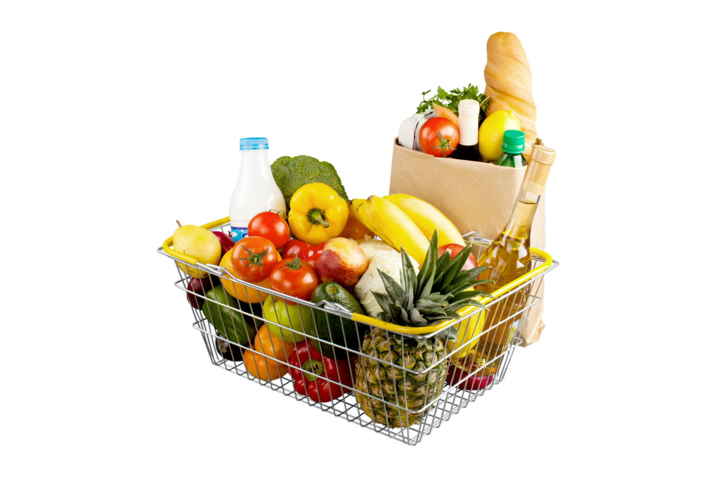 Fresh organic fruits and vegetables in wicker basket png