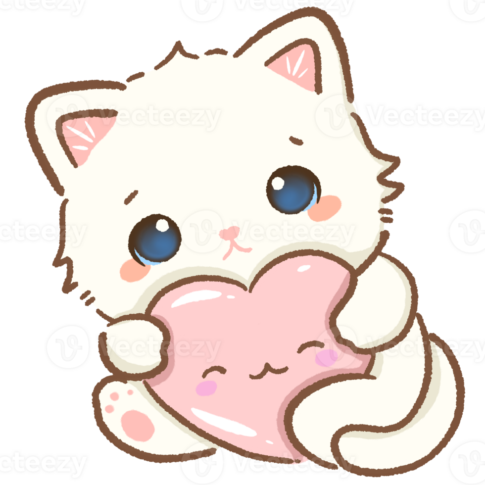 Cat holds a heart Hand drawn illustration Valentines day style white kawaii cat kitty kitten pastel color isolated on transparent background, perfect for valentines day gifts, nursery decorations png