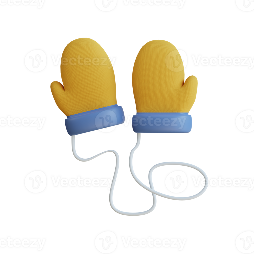 Cute 3D yellow mittens with string, perfect for winter projects. png