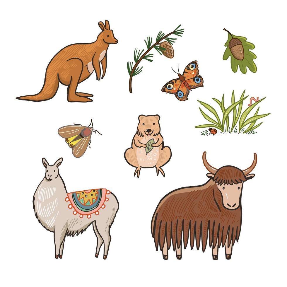 Hand drawn cartoon animals illustrations set. vector