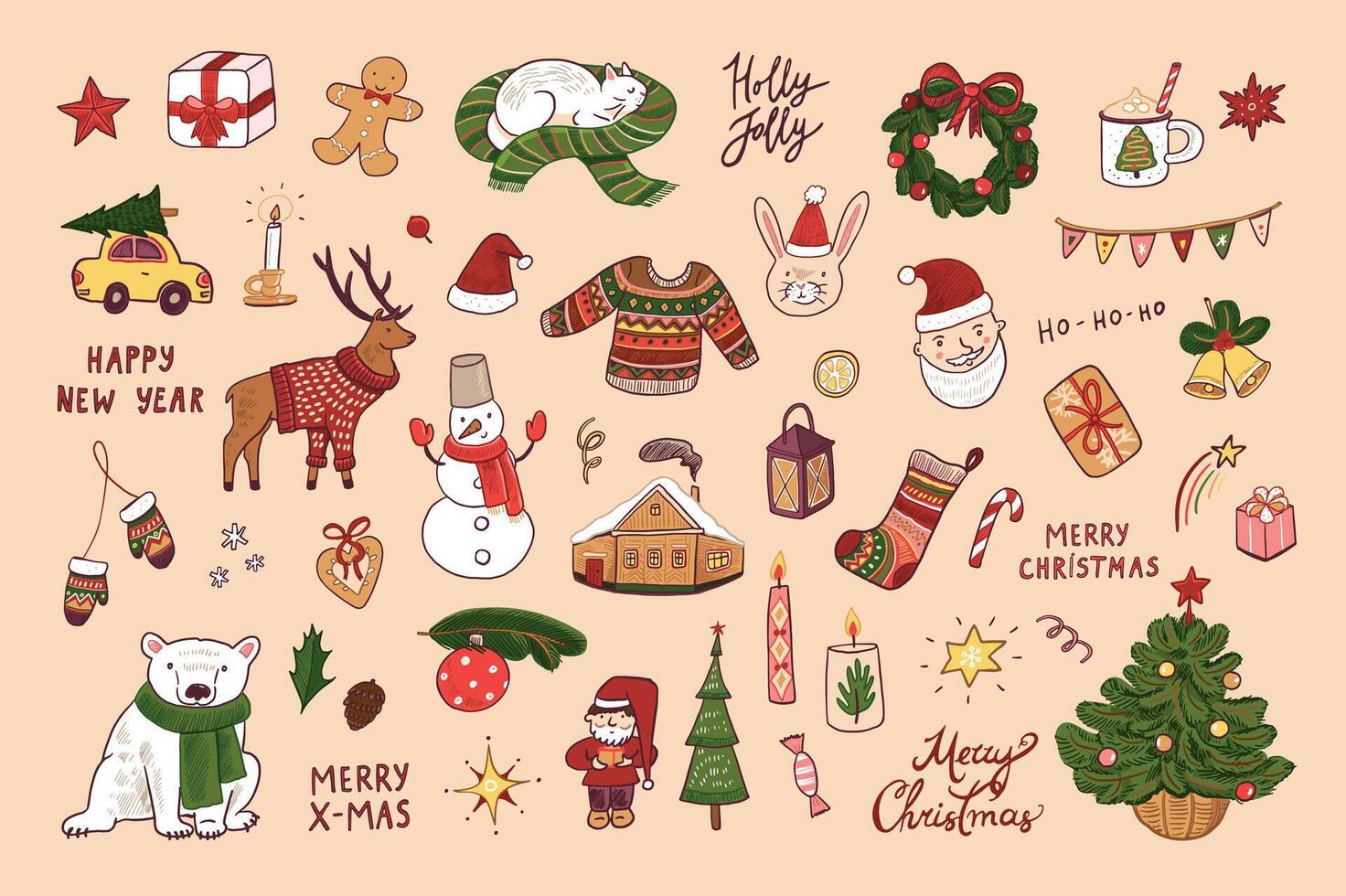 Hand drawn Christmas and New Year doodles set. illustration. vector