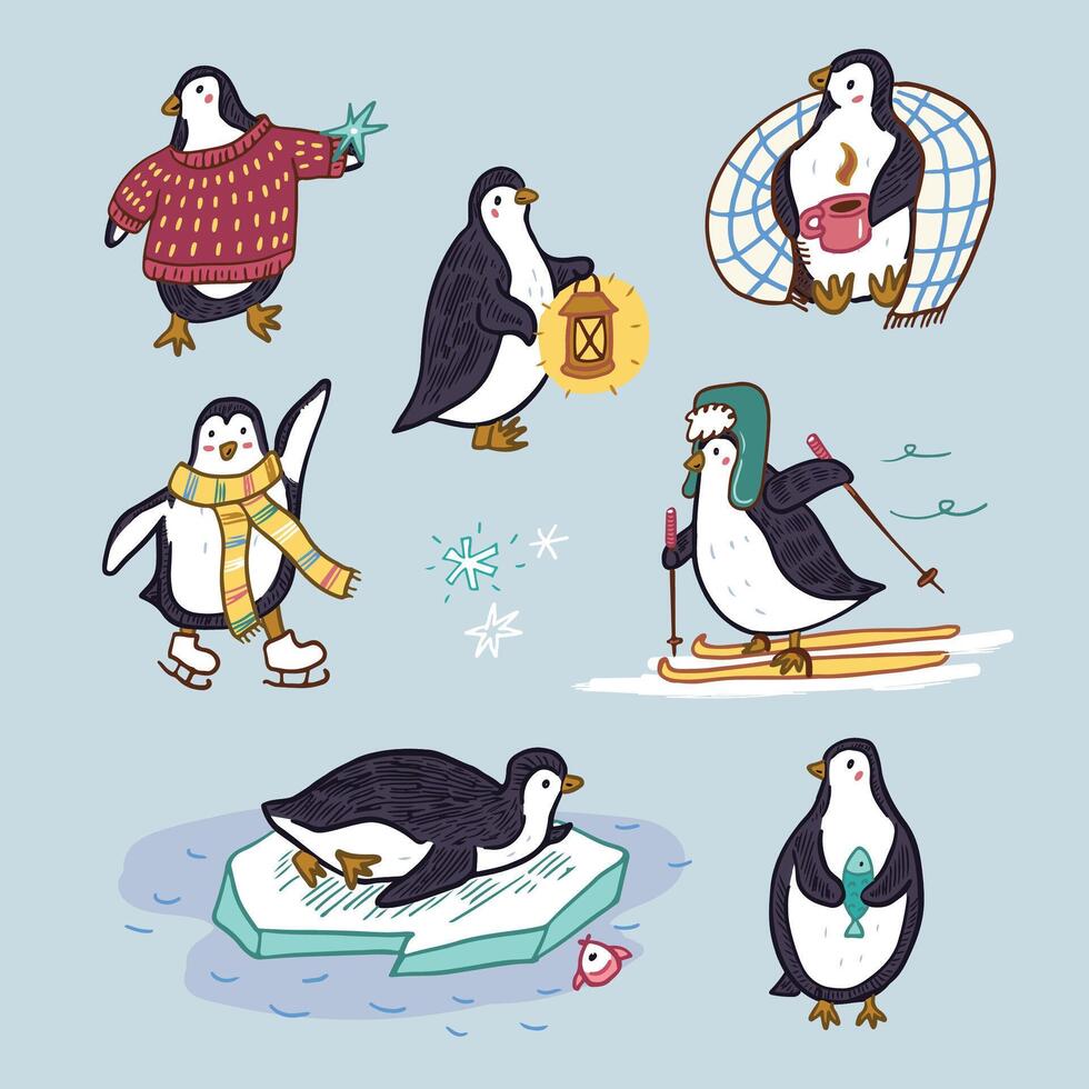 Penguin set with winter clothes and accessories vector