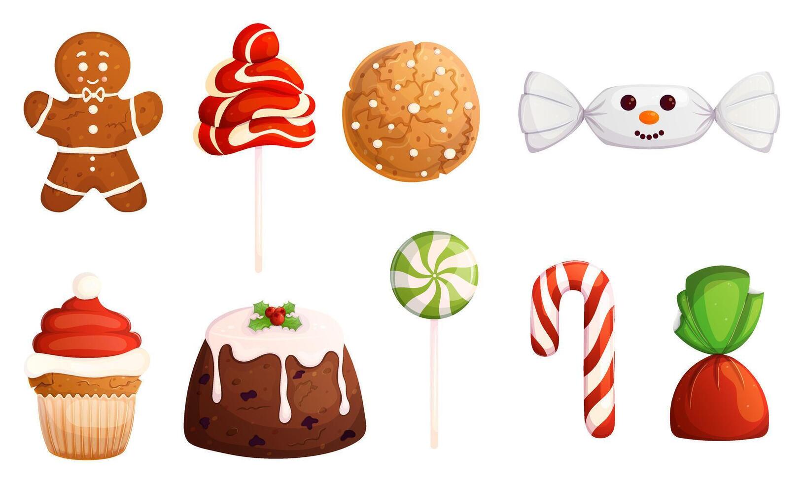 Christmas sweets collection. Happy holidays elements set. Xmas gingerbread man, cookies, cupcake, lollipops, pudding. vector