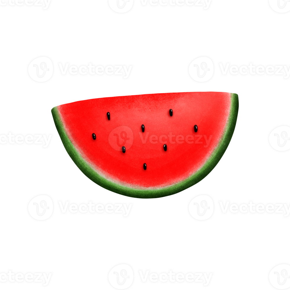 A vibrant illustration of a juicy red slice with black seeds, symbolizing summer freshness and sweet refreshment. png