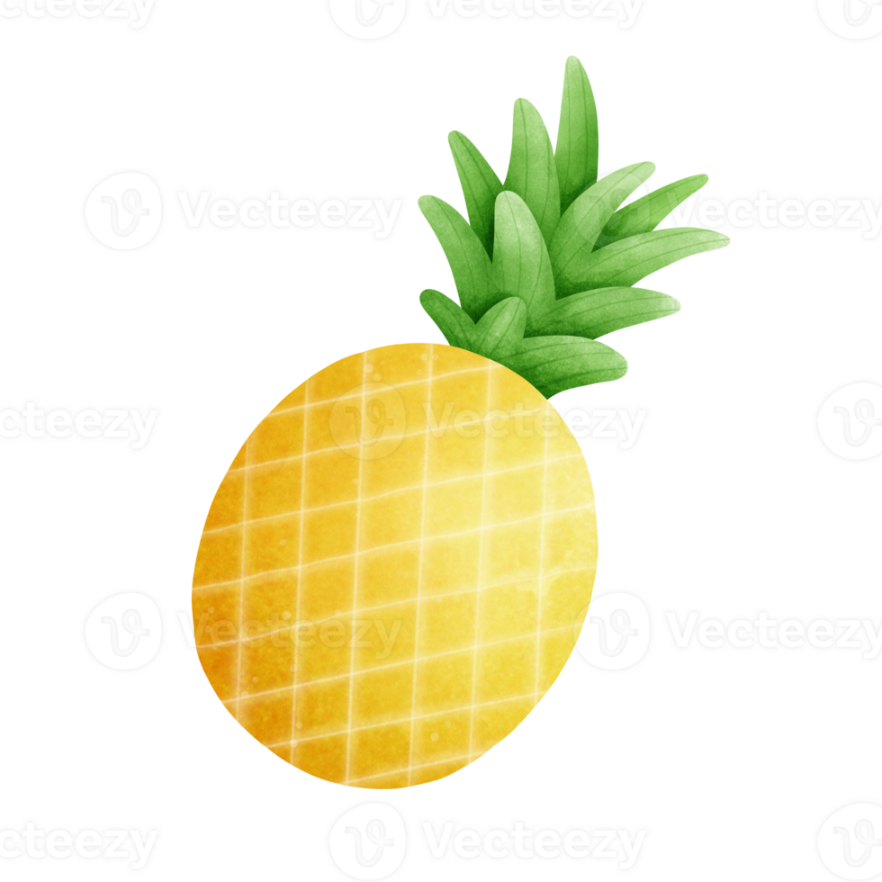A cheerful illustration of a bright yellow pineapple with a textured pattern and lush green leaves, symbolizing tropical sweetness and vibrant summer vibes. png