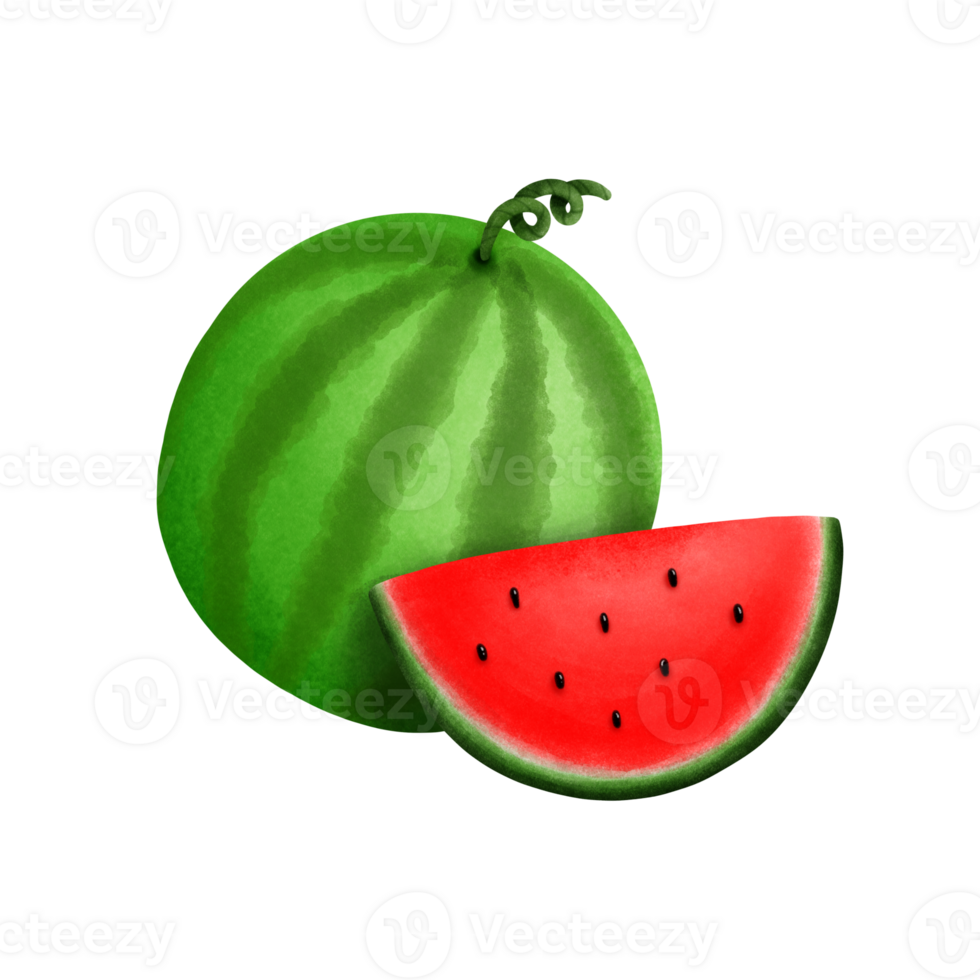A vibrant illustration of a whole green watermelon and a juicy red slice with black seeds, symbolizing summer freshness and sweet refreshment. png