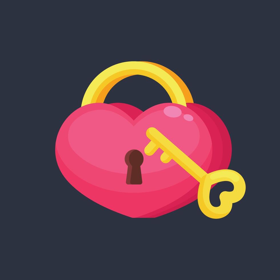 love shaped padlock with golden key in flat design. vector