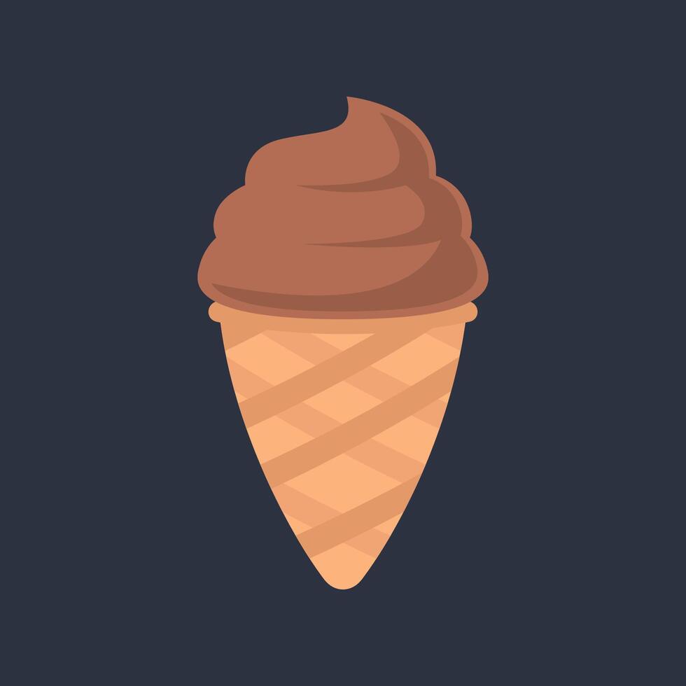 chocolate flavor ice cream wafer cone in flat design. vector