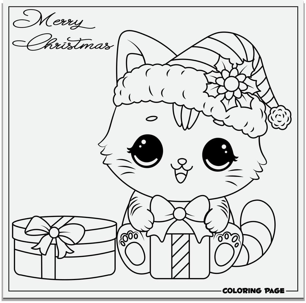 Detailed line art of a cat wearing a Christmas hat. vector