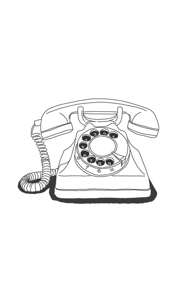 Black and white sketch of a retro landline telephone object with circle number vector