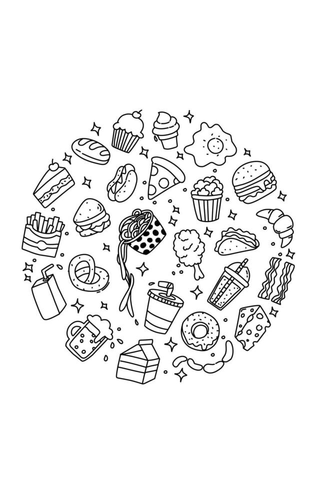 Fastfood coloring page book for kid and preeschool black and white sketch drawing vector