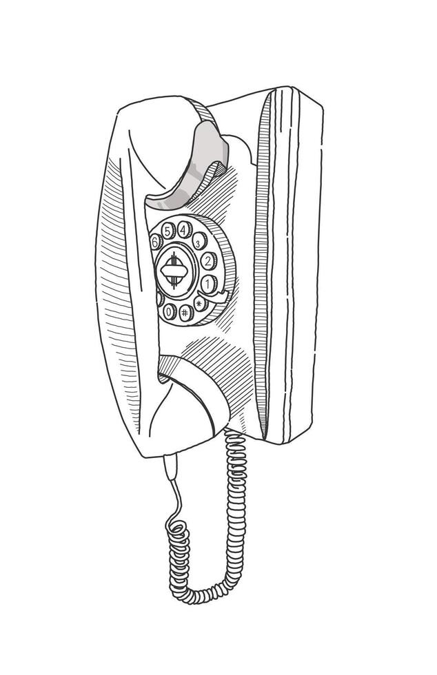 Black and white sketch of a technological object retro pay phone vector