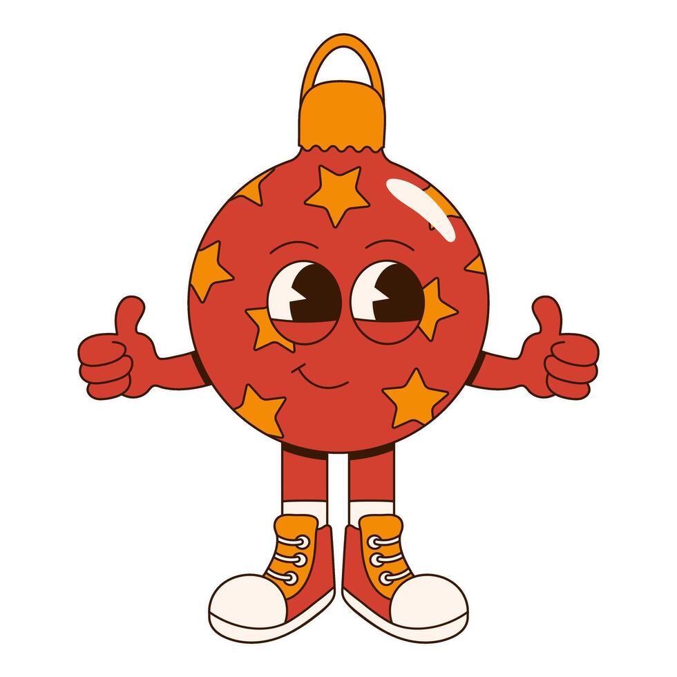 Fun and festive Groovy Christmas ornament character. Retro cartoon style. Perfect for holiday designs, cards, stickers, and seasonal projects. vector