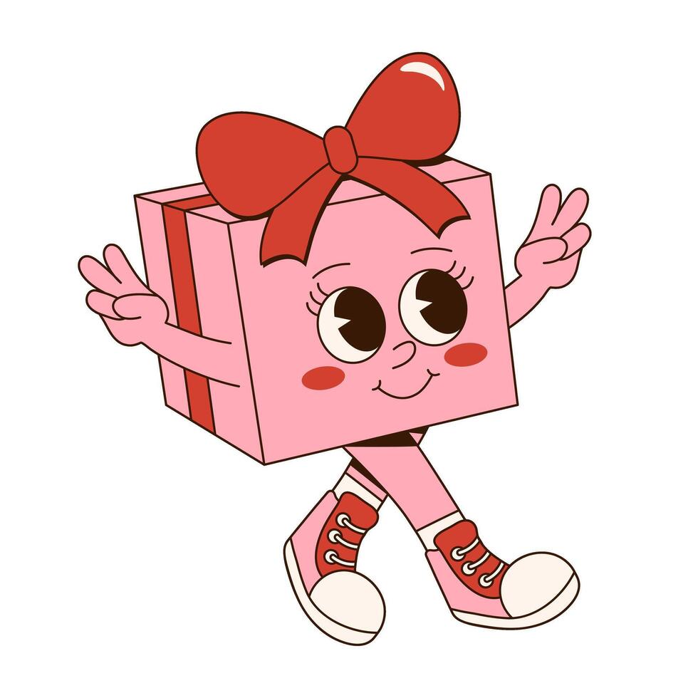Fun and festive Groovy Christmas character. Retro cartoon style. Christmas gift box. Perfect for holiday designs, cards, stickers, and seasonal projects. vector