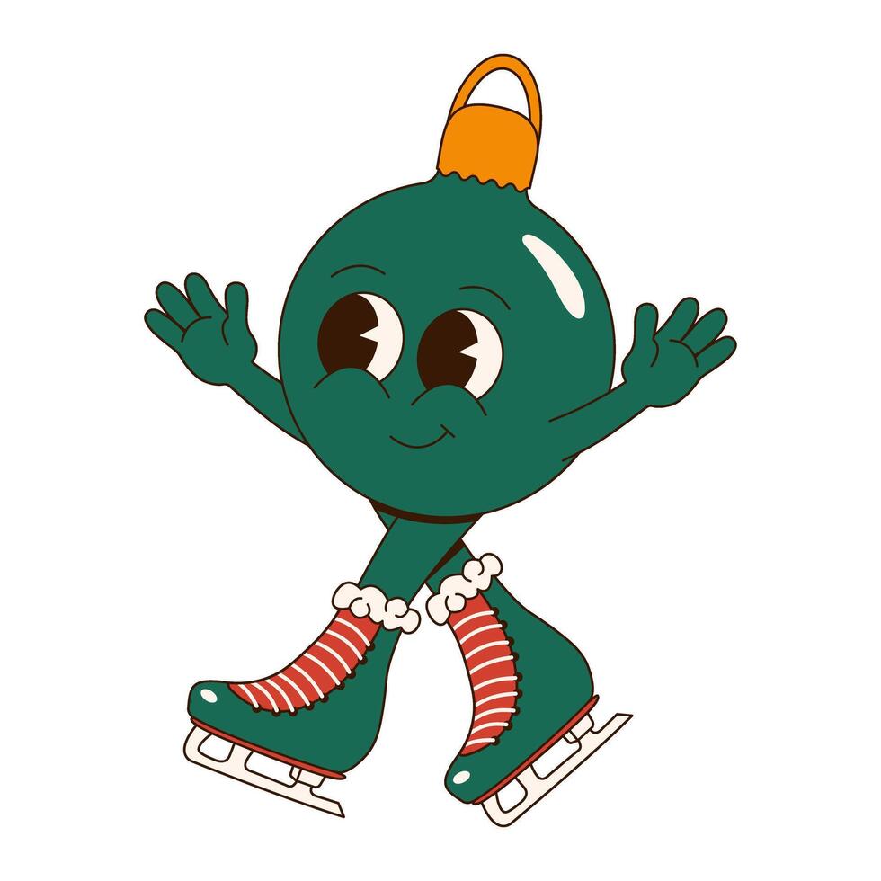 Fun and festive Groovy Christmas character. Retro cartoon style. Ice skating Christmas Tree Bauble. Perfect for holiday designs, cards, stickers, and seasonal projects. vector