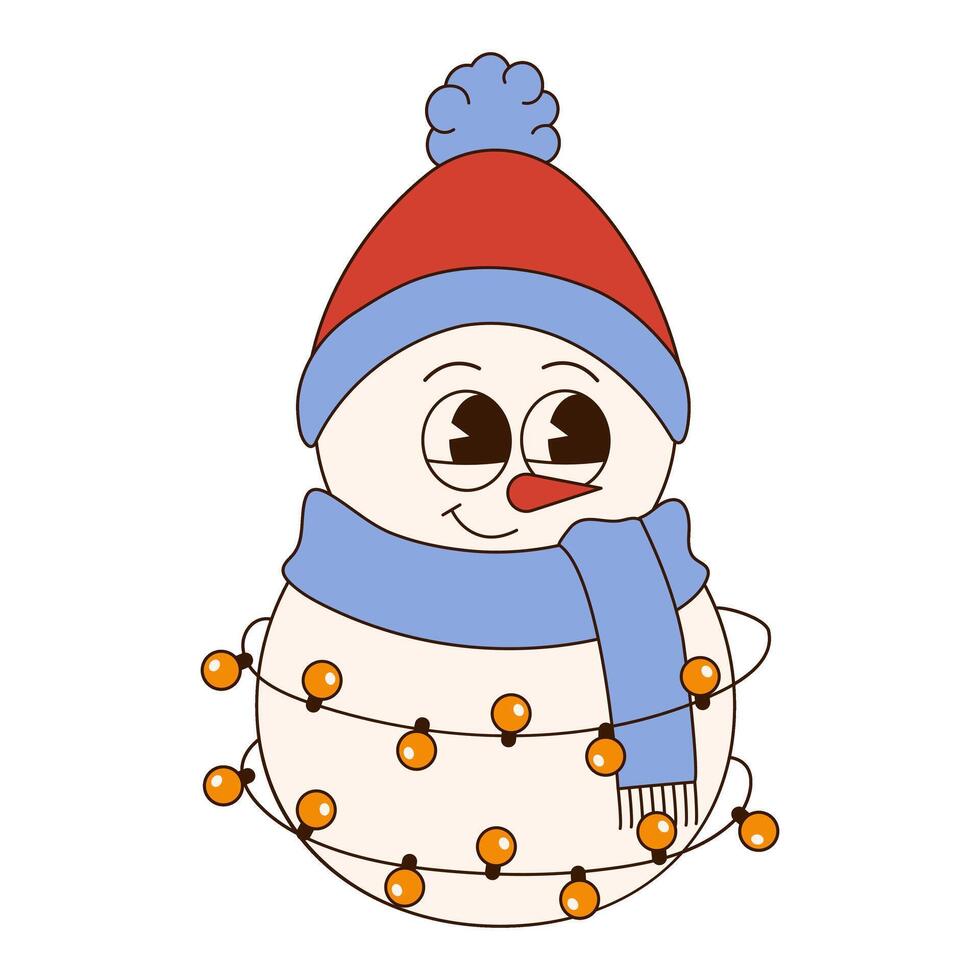 Cute Groovy Christmas Snowman character. Retro vintage cartoon style. Perfect for holiday themed decorations. vector