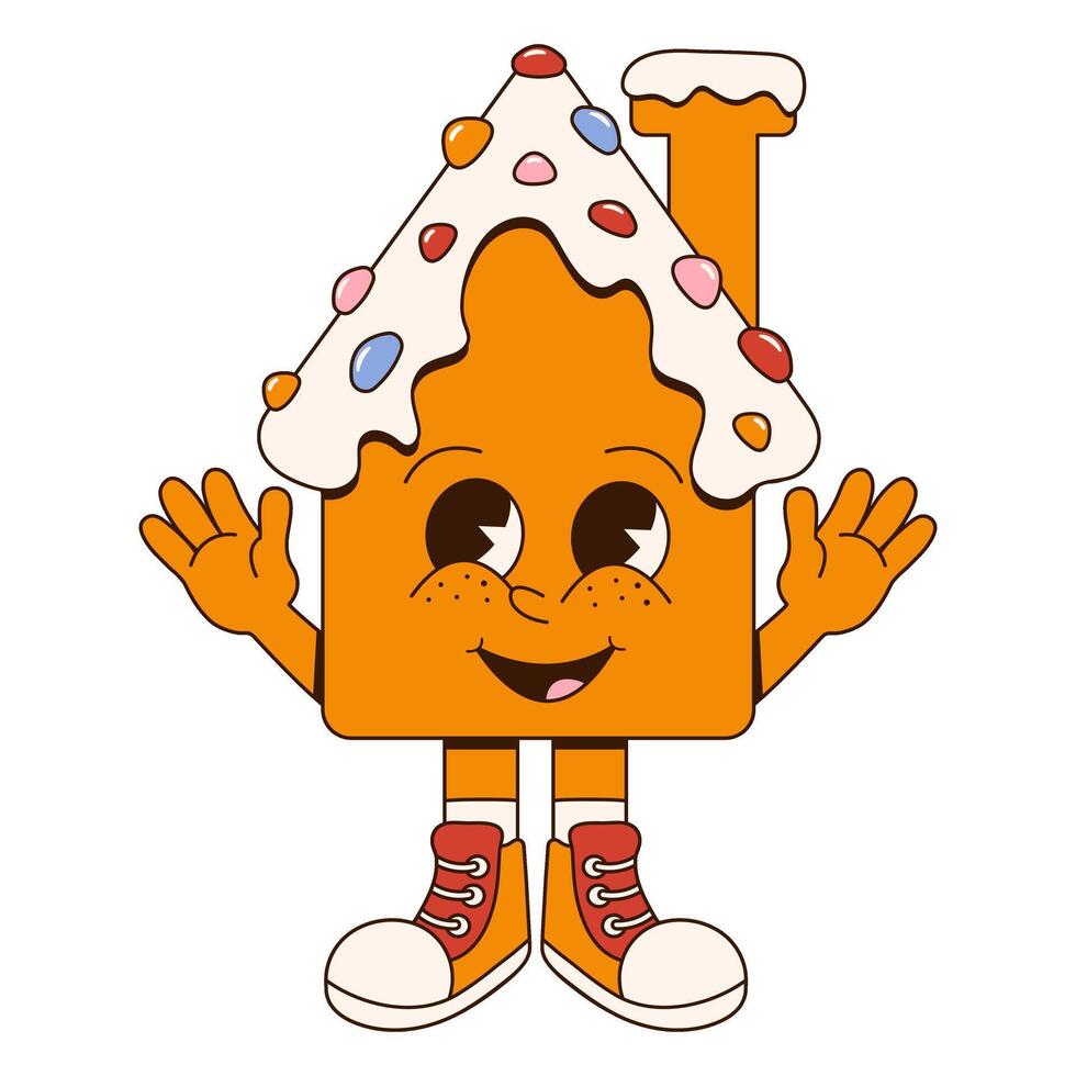 Fun and festive Groovy Christmas character. Retro cartoon style. Gingerbread house. Perfect for holiday designs, cards, stickers, and seasonal projects. vector